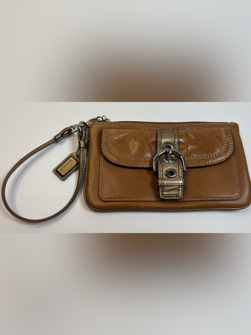 Coach Vintage Leather Wristlet Tan Bronze Trim Clutch Wallet Y2K - Picture 2 of 9